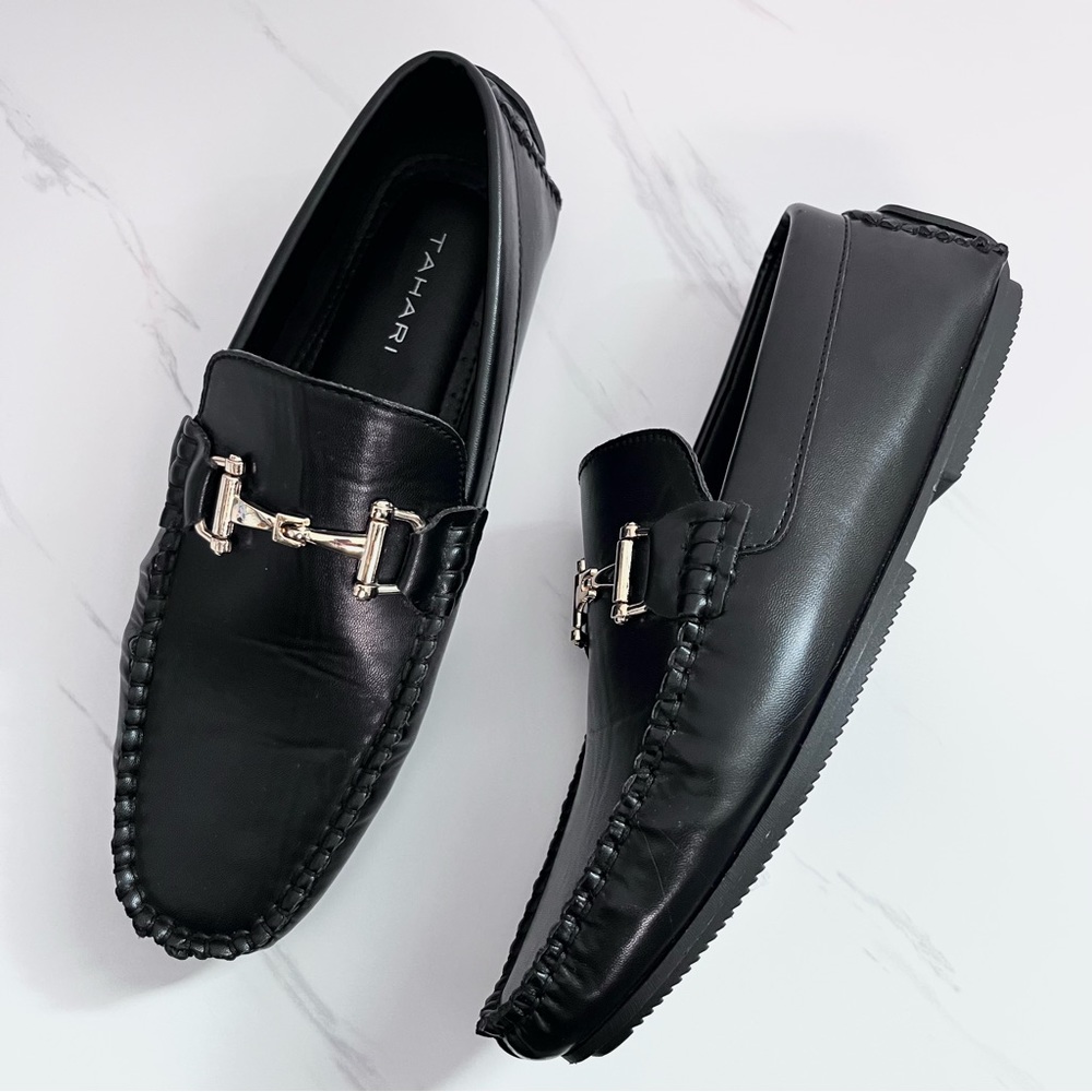 Tahari Moccasin Horsebit Loafers Black Faux Leather Slip-On Shoes Size 8